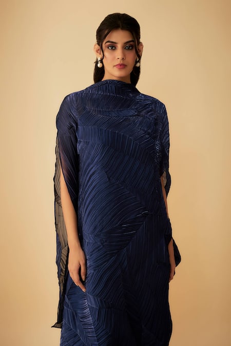 Buy 1999ad By Amita & Deepak Blue Tissue High Neck Textured Draped Dress With Inner Online at Aza Fashions Buy_1999ad By Amita & Deepak_Blue Tissue High Neck Textured Draped Dress With Inner _Online_at_Aza_Fashions