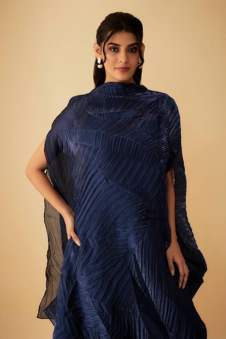 Shop 1999ad By Amita & Deepak Blue Tissue High Neck Textured Draped Dress With Inner Online at Aza Fashions Shop_1999ad By Amita & Deepak_Blue Tissue High Neck Textured Draped Dress With Inner _Online_at_Aza_Fashions