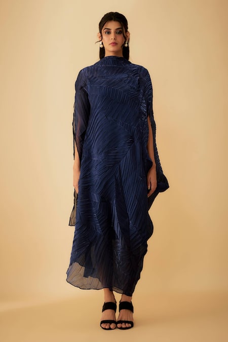 1999ad By Amita & Deepak Blue Tissue High Neck Textured Draped Dress With Inner at Aza Fashions 1999ad By Amita & Deepak_Blue Tissue High Neck Textured Draped Dress With Inner _at_Aza_Fashions