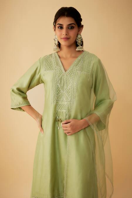 Buy_1999ad By Amita & Deepak_Green Chanderi Embroidery, Zari V-neck Kurta Sharara Set _Online_at_Aza_Fashions