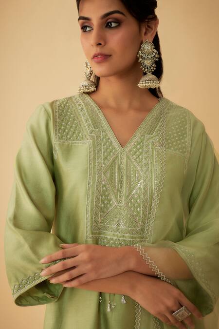 Shop_1999ad By Amita & Deepak_Green Chanderi Embroidery, Zari V-neck Kurta Sharara Set _Online_at_Aza_Fashions