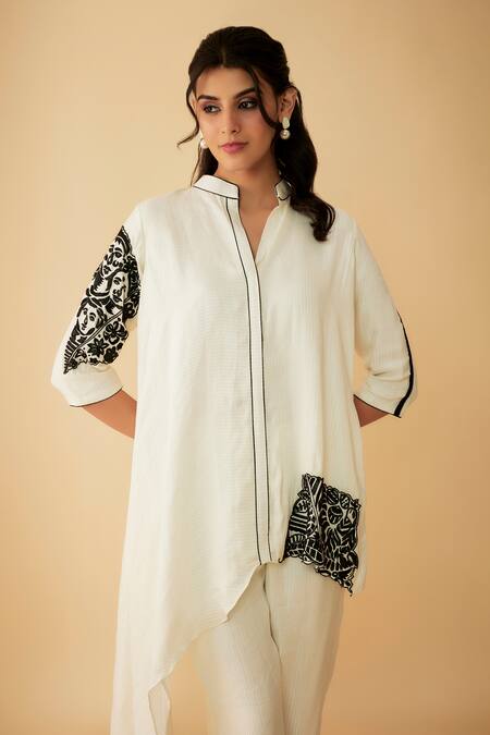 Shop_1999ad By Amita & Deepak_White Linen Beads Collared Embroidered Asymmetric Top And Pant Set _Online_at_Aza_Fashions