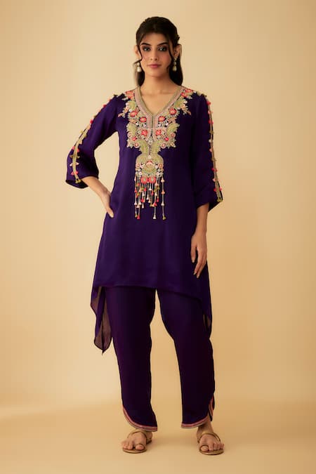 Buy_1999ad By Amita & Deepak_Purple Satin, Organza Tassels, Embroidery V-neck Kurta And Pant Set _Online_at_Aza_Fashions