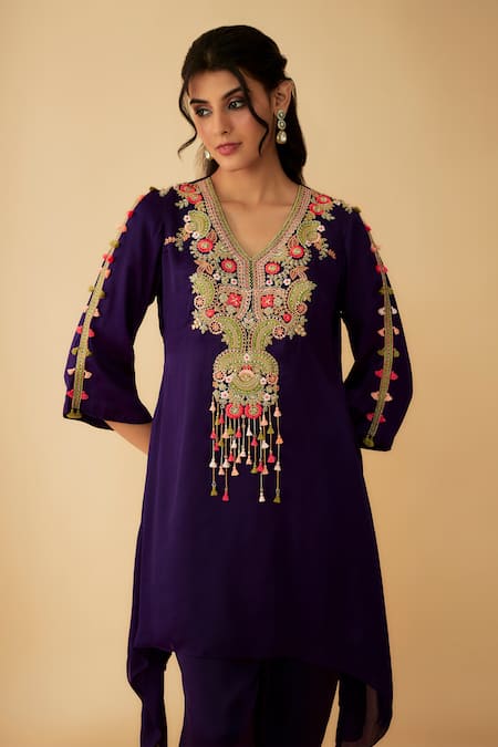 Shop_1999ad By Amita & Deepak_Purple Satin, Organza Tassels, Embroidery V-neck Kurta And Pant Set _Online_at_Aza_Fashions