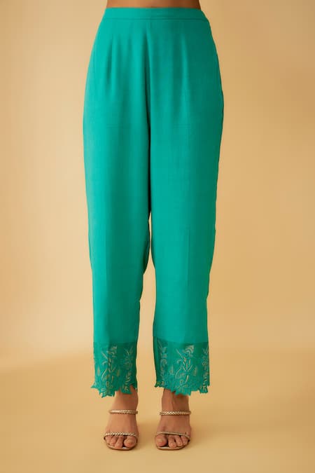 Shop_1999ad By Amita & Deepak_Green Linen, Silk Embroidery V-neck Applique Kurta And Pant Set _Online_at_Aza_Fashions