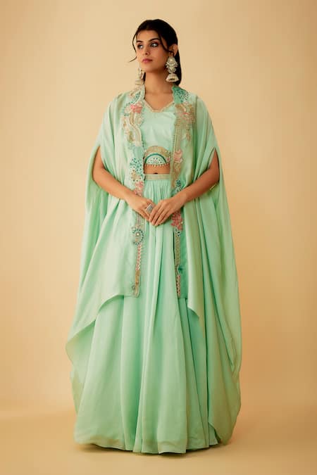 1999ad By Amita & Deepak_Green Organza Sequins, Embroidery V-neck Jacket Lehenga Set _Online_at_Aza_Fashions