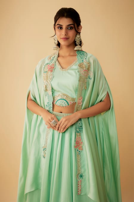 Buy_1999ad By Amita & Deepak_Green Organza Sequins, Embroidery V-neck Jacket Lehenga Set _Online_at_Aza_Fashions