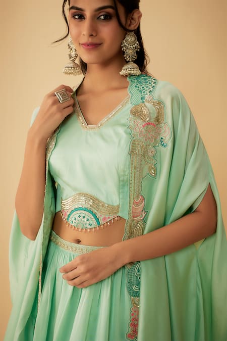 Shop_1999ad By Amita & Deepak_Green Organza Sequins, Embroidery V-neck Jacket Lehenga Set _Online_at_Aza_Fashions