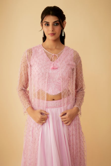 Buy_1999ad By Amita & Deepak_Pink Satin, Organza Cut Work Turtle Neck, Cutdana Embroidered Jacket Lehenga Set _Online_at_Aza_Fashions
