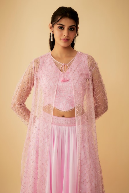 Shop_1999ad By Amita & Deepak_Pink Satin, Organza Cut Work Turtle Neck, Cutdana Embroidered Jacket Lehenga Set _Online_at_Aza_Fashions