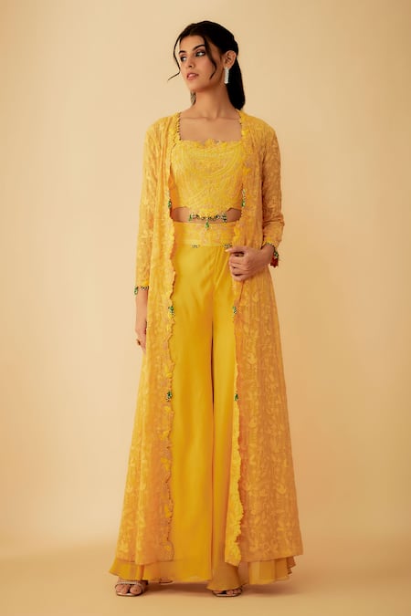 1999AD By Amita & Deepak Yellow Organza Embroidered Cutdana Jacket Open Neck Sharara Set 