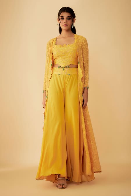 Shop_1999ad By Amita & Deepak_Yellow Organza Zari, Cut Work Square Neck, Open Embroidered Jacket Sharara Set _Online_at_Aza_Fashions