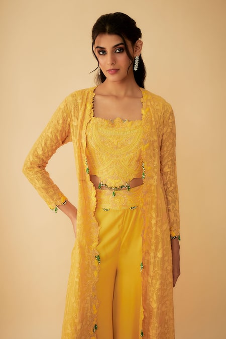 Buy_1999ad By Amita & Deepak_Yellow Organza Zari, Cut Work Square Neck, Open Embroidered Jacket Sharara Set 