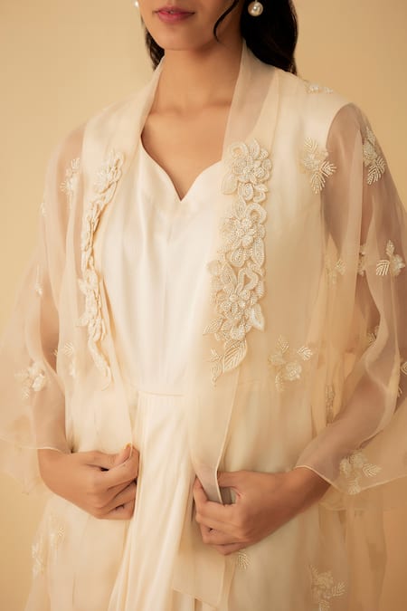 1999ad By Amita & Deepak_Peach Organza Cut Work, Embroidery Open Neck Jacket With Gown _Online_at_Aza_Fashions