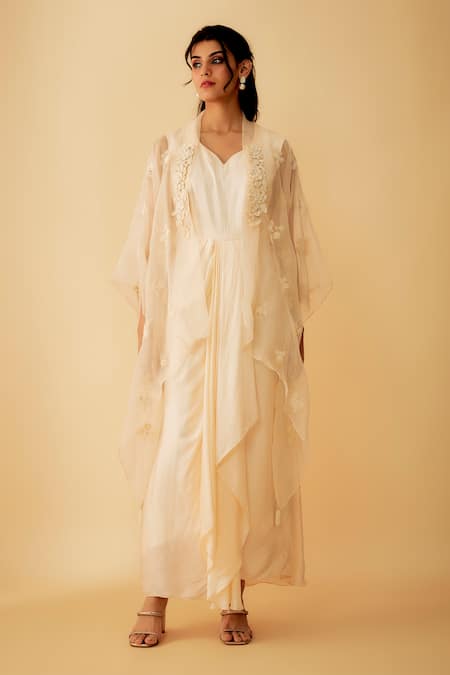 Buy_1999ad By Amita & Deepak_Peach Organza Cut Work, Embroidery Open Neck Jacket With Gown _Online_at_Aza_Fashions