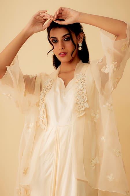 Shop_1999ad By Amita & Deepak_Peach Organza Cut Work, Embroidery Open Neck Jacket With Gown _Online_at_Aza_Fashions