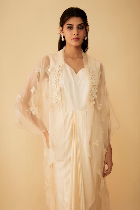 1999ad By Amita & Deepak_Peach Organza Cut Work, Embroidery Open Neck Jacket With Gown _at_Aza_Fashions