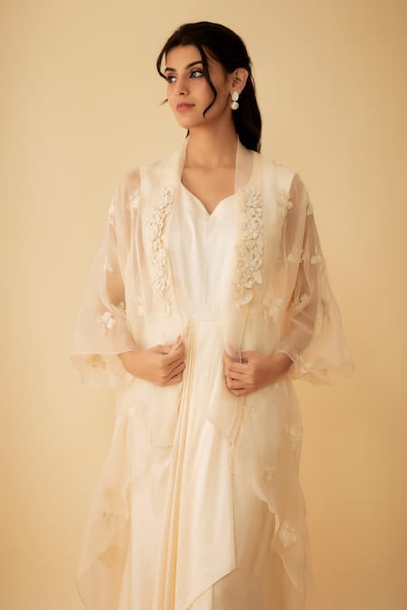 Buy_1999ad By Amita & Deepak_Peach Organza Cut Work, Embroidery Open Neck Jacket With Gown 