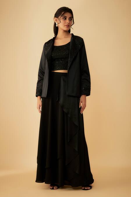 Buy_1999ad By Amita & Deepak_Black Satin Cut Work Round Neck Embroidered Jacket Skirt Set _Online_at_Aza_Fashions