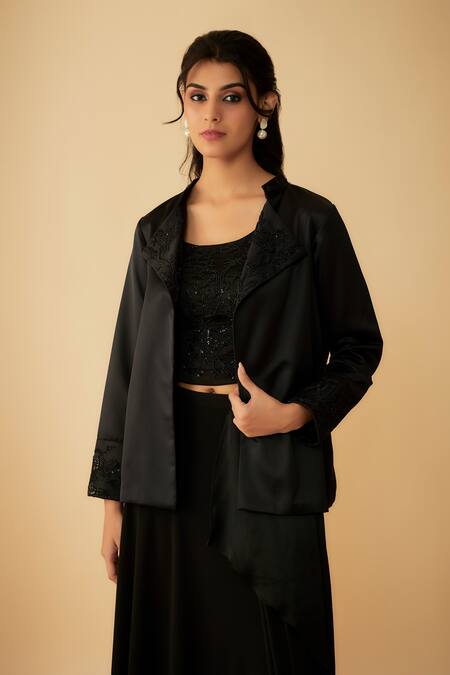 Shop_1999ad By Amita & Deepak_Black Satin Cut Work Round Neck Embroidered Jacket Skirt Set _Online_at_Aza_Fashions