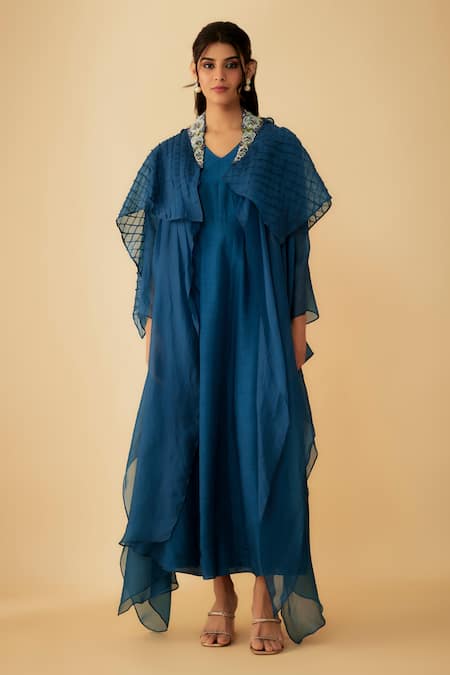 1999ad By Amita & Deepak_Blue Organza Cut Work V-, Open Embroidered Cape With Gown _Online_at_Aza_Fashions