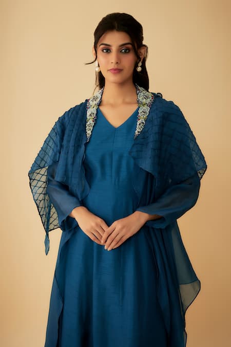 Buy_1999ad By Amita & Deepak_Blue Organza Cut Work V-, Open Embroidered Cape With Gown _Online_at_Aza_Fashions