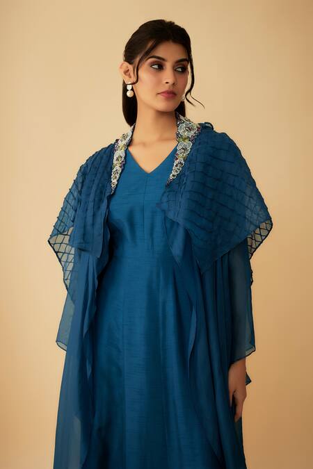Shop_1999ad By Amita & Deepak_Blue Organza Cut Work V-, Open Embroidered Cape With Gown _Online_at_Aza_Fashions