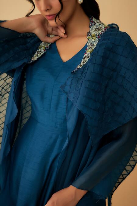 1999ad By Amita & Deepak_Blue Organza Cut Work V-, Open Embroidered Cape With Gown _at_Aza_Fashions
