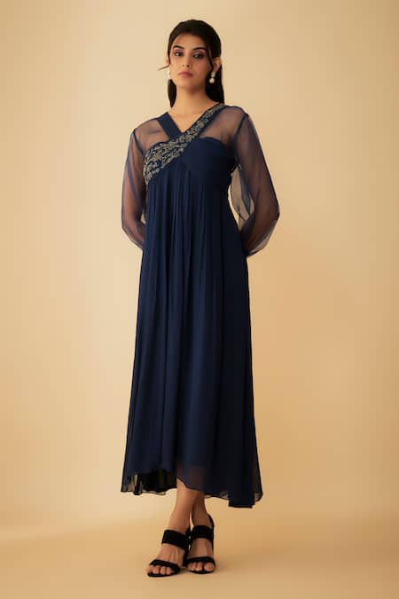 1999ad By Amita & Deepak_Blue Georgette Cut Work V-neck Embroidered Gown _Online_at_Aza_Fashions