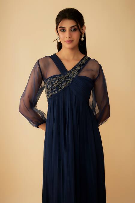 Buy_1999ad By Amita & Deepak_Blue Georgette Cut Work V-neck Embroidered Gown _Online_at_Aza_Fashions