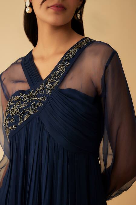 1999ad By Amita & Deepak_Blue Georgette Cut Work V-neck Embroidered Gown _at_Aza_Fashions