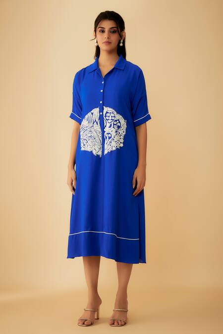 1999ad By Amita & Deepak_Blue Georgette Embroidery Collared Applique Dress _Online_at_Aza_Fashions