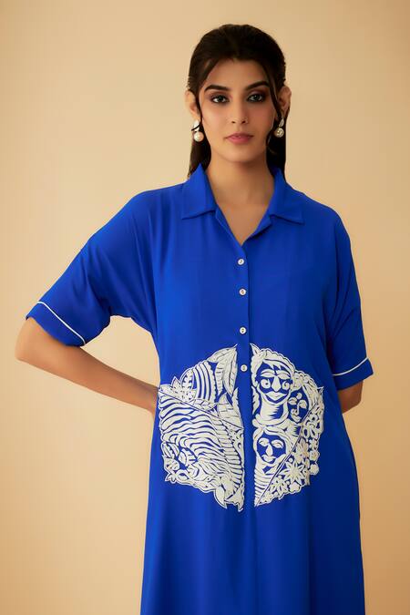 Buy_1999ad By Amita & Deepak_Blue Georgette Embroidery Collared Applique Dress _Online_at_Aza_Fashions