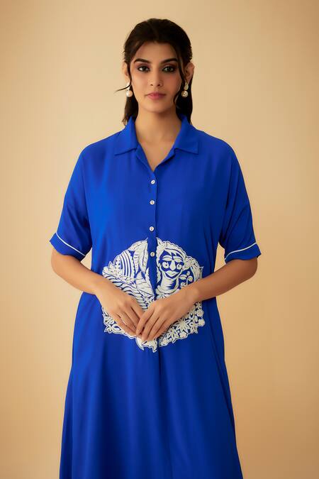 Shop_1999ad By Amita & Deepak_Blue Georgette Embroidery Collared Applique Dress _Online_at_Aza_Fashions