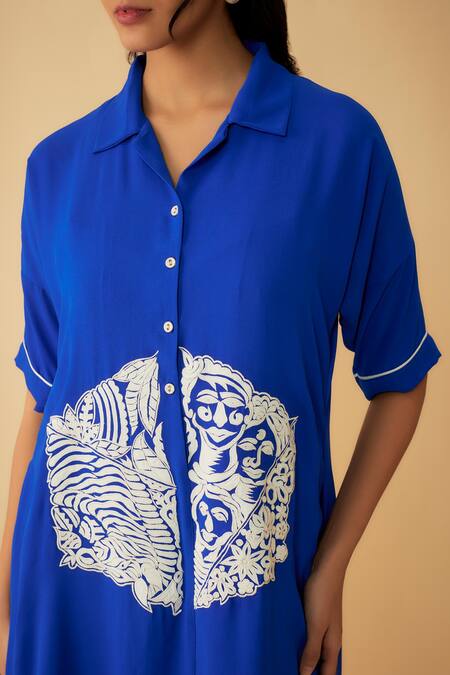 1999ad By Amita & Deepak_Blue Georgette Embroidery Collared Applique Dress _at_Aza_Fashions