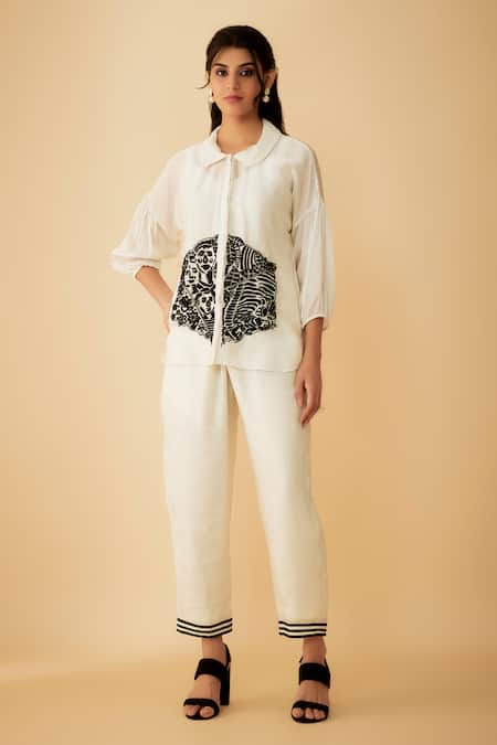 1999ad By Amita & Deepak_White Organza Cut Work Collared Cutdana Embroidered Shirt And Pant Set _Online_at_Aza_Fashions