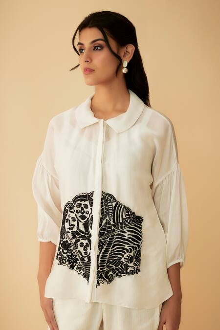 Shop_1999ad By Amita & Deepak_White Organza Cut Work Collared Cutdana Embroidered Shirt And Pant Set _Online_at_Aza_Fashions