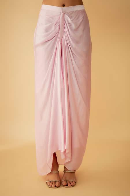 1999ad By Amita & Deepak_Pink Organza Tassels, Embroidery V-neck Asymmetric Kurta And Skirt Set _Online_at_Aza_Fashions