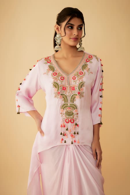 Shop_1999ad By Amita & Deepak_Pink Organza Tassels, Embroidery V-neck Asymmetric Kurta And Skirt Set _Online_at_Aza_Fashions