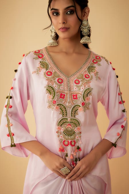 1999ad By Amita & Deepak_Pink Organza Tassels, Embroidery V-neck Asymmetric Kurta And Skirt Set _at_Aza_Fashions