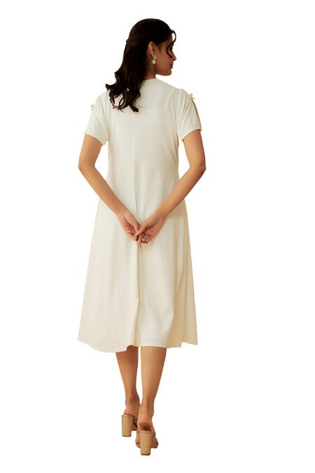 1999ad By Amita & Deepak_White Satin Embroidery, Beads Round Neck Dress With Inner _Online_at_Aza_Fashions