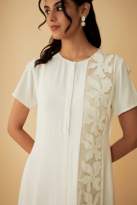 Buy_1999ad By Amita & Deepak_White Satin Embroidery, Beads Round Neck Dress With Inner _Online_at_Aza_Fashions