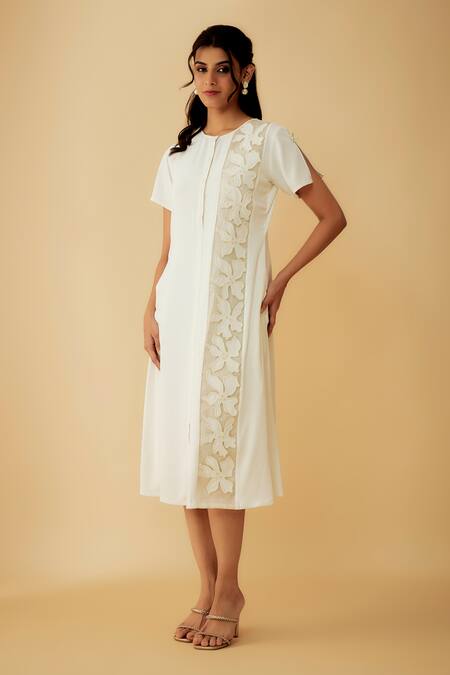 Shop_1999ad By Amita & Deepak_White Satin Embroidery, Beads Round Neck Dress With Inner _Online_at_Aza_Fashions