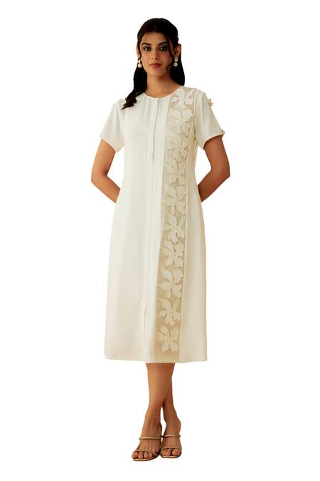 Buy_1999ad By Amita & Deepak_White Satin Embroidery, Beads Round Neck Dress With Inner 