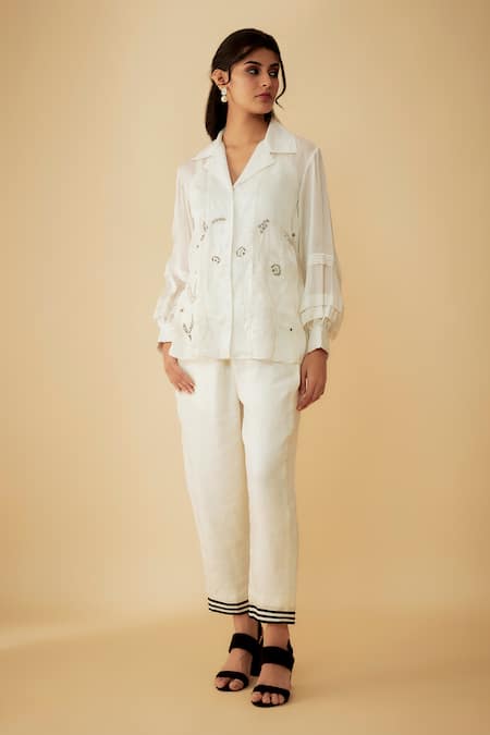 Buy_1999ad By Amita & Deepak_White Organza, Cotton Cut Work, Embroidery Collared Shirt And Pant Set _Online_at_Aza_Fashions