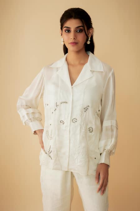 Shop_1999ad By Amita & Deepak_White Organza, Cotton Cut Work, Embroidery Collared Shirt And Pant Set _Online_at_Aza_Fashions