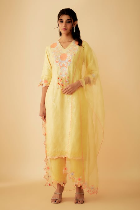 1999AD By Amita & Deepak Yellow Matka Silk Embroidered Thread V Neck Kurta Set 