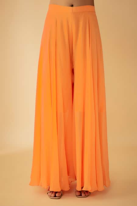 Shop_1999ad By Amita & Deepak_Orange Organza Applique, Cut Work Split V-neck Embroidered Kurta And Sharara Set _Online_at_Aza_Fashions