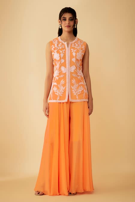 1999ad By Amita & Deepak_Orange Organza Applique, Cut Work Split V-neck Embroidered Kurta And Sharara Set _at_Aza_Fashions