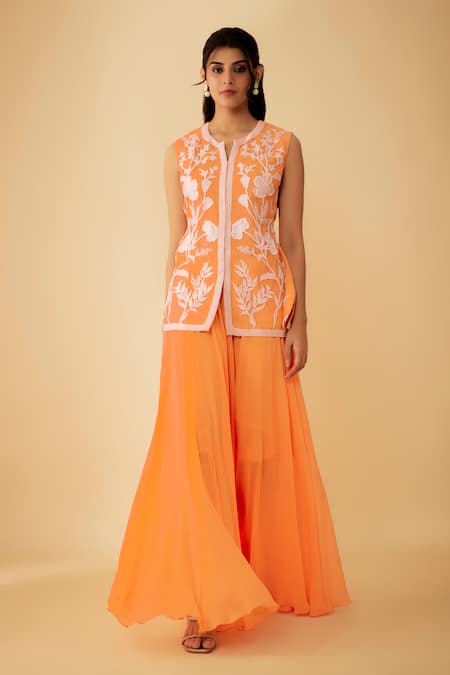 Buy_1999ad By Amita & Deepak_Orange Organza Applique, Cut Work Split V-neck Embroidered Kurta And Sharara Set 